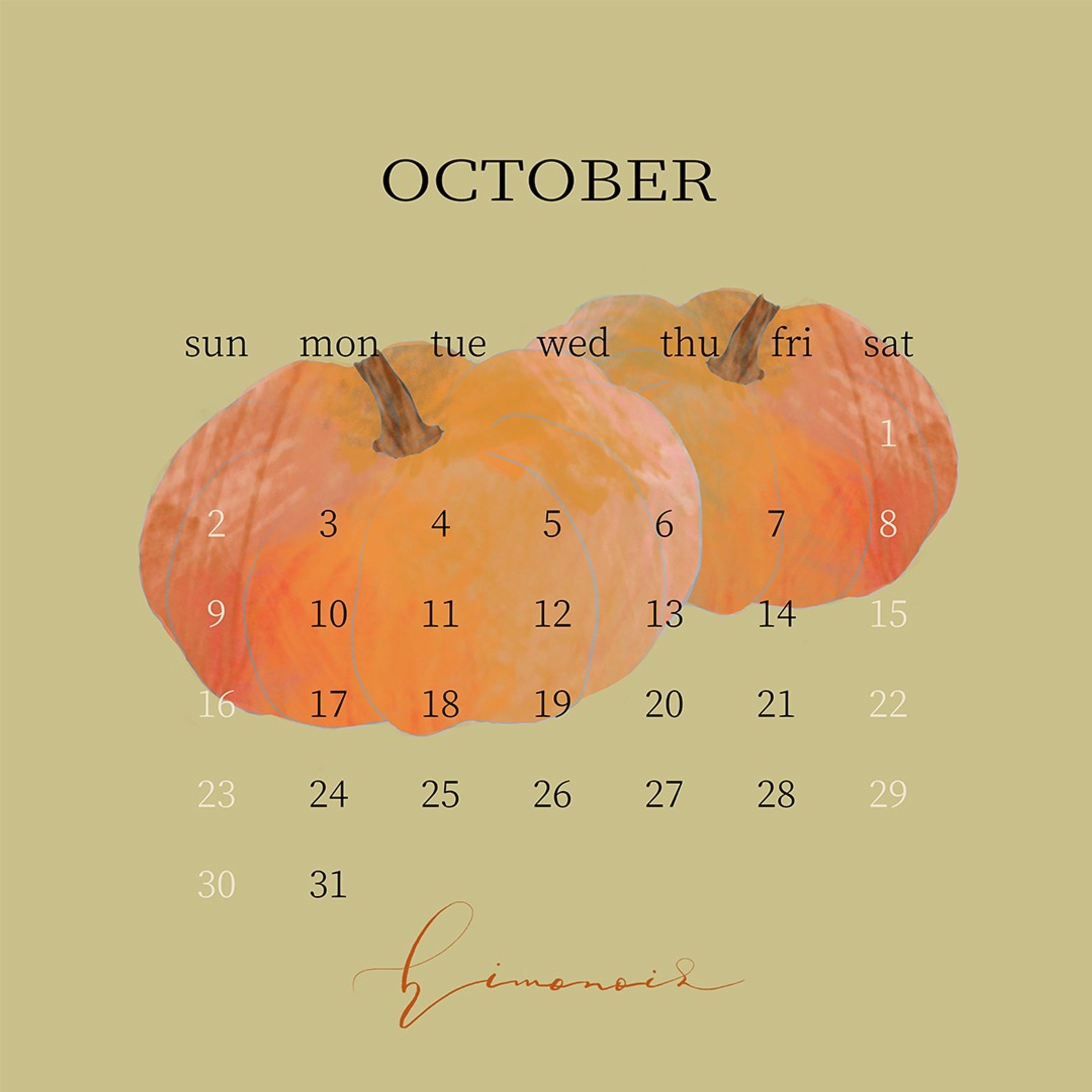 ・
10月カレンダー
今月は3色です
好みの色はありますか？

ストリーズに流すのでよかったら使ってください🍠
ハイライトにも残しています

実りの秋ですね🌾
わたしは先月挑戦の種まきをしました。
収穫できるのをたのしみに頑張ります😌

「どうしてもっと早く始めなかったんだぁ」といつも思うので、行動に移すスピードを上げたいものです🧚‍♀️

#art #drawing #adobefresco #chill #relax #illustration #halloween #pumpkin #october #calender #calligraphy #nftart  #おしゃれ #イラスト #絵本 #挿絵 #装画 #カリグラフィー #十月 #カレンダー #ハロウィン #かぼちゃ #パンプキン #イラスト好きな人と繋がりたい #デザイン #デザイナー #クリエイター #イラストレーター-1