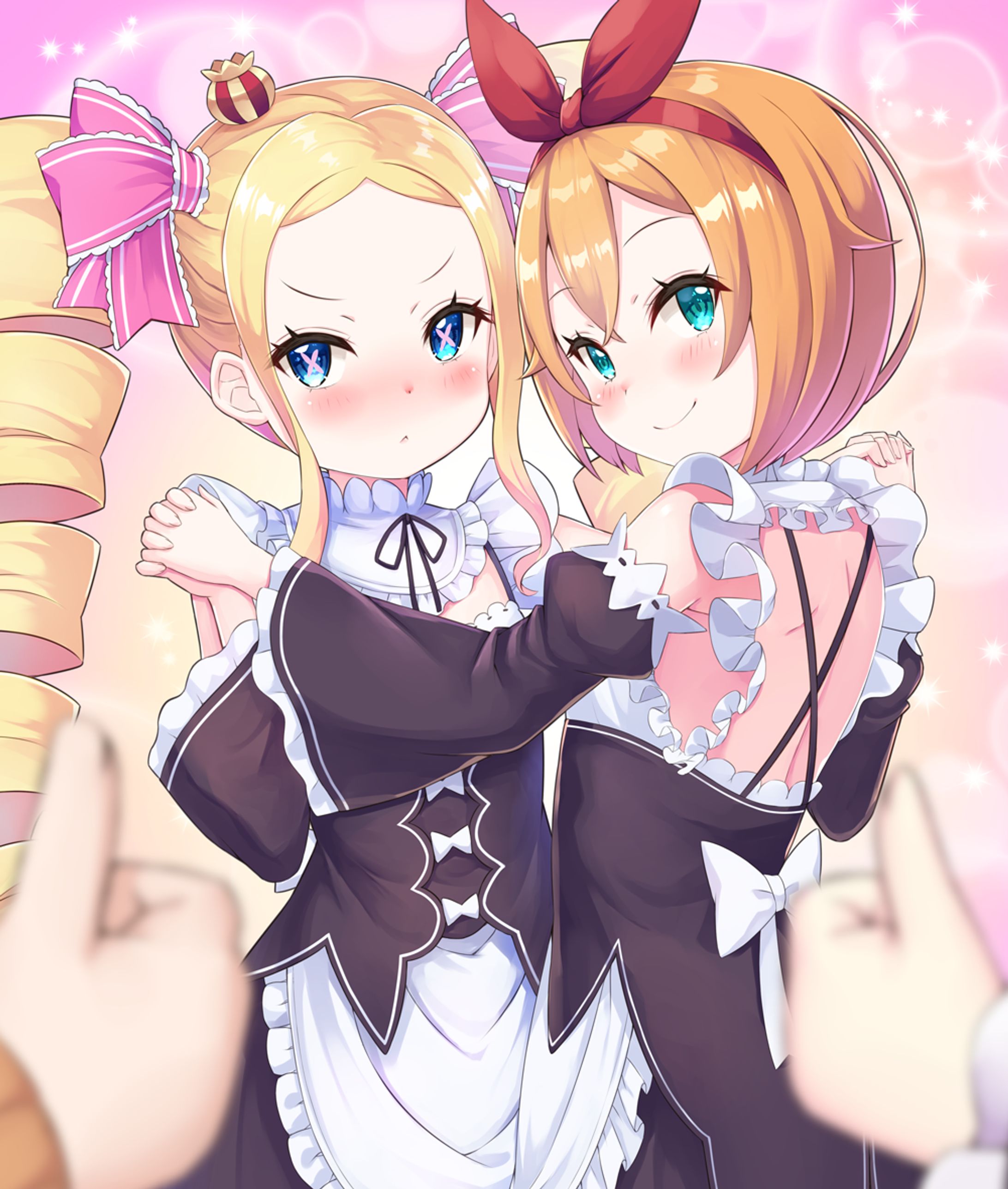 ベアトリスとペトラにメイド服を着せるレムとスバル-1