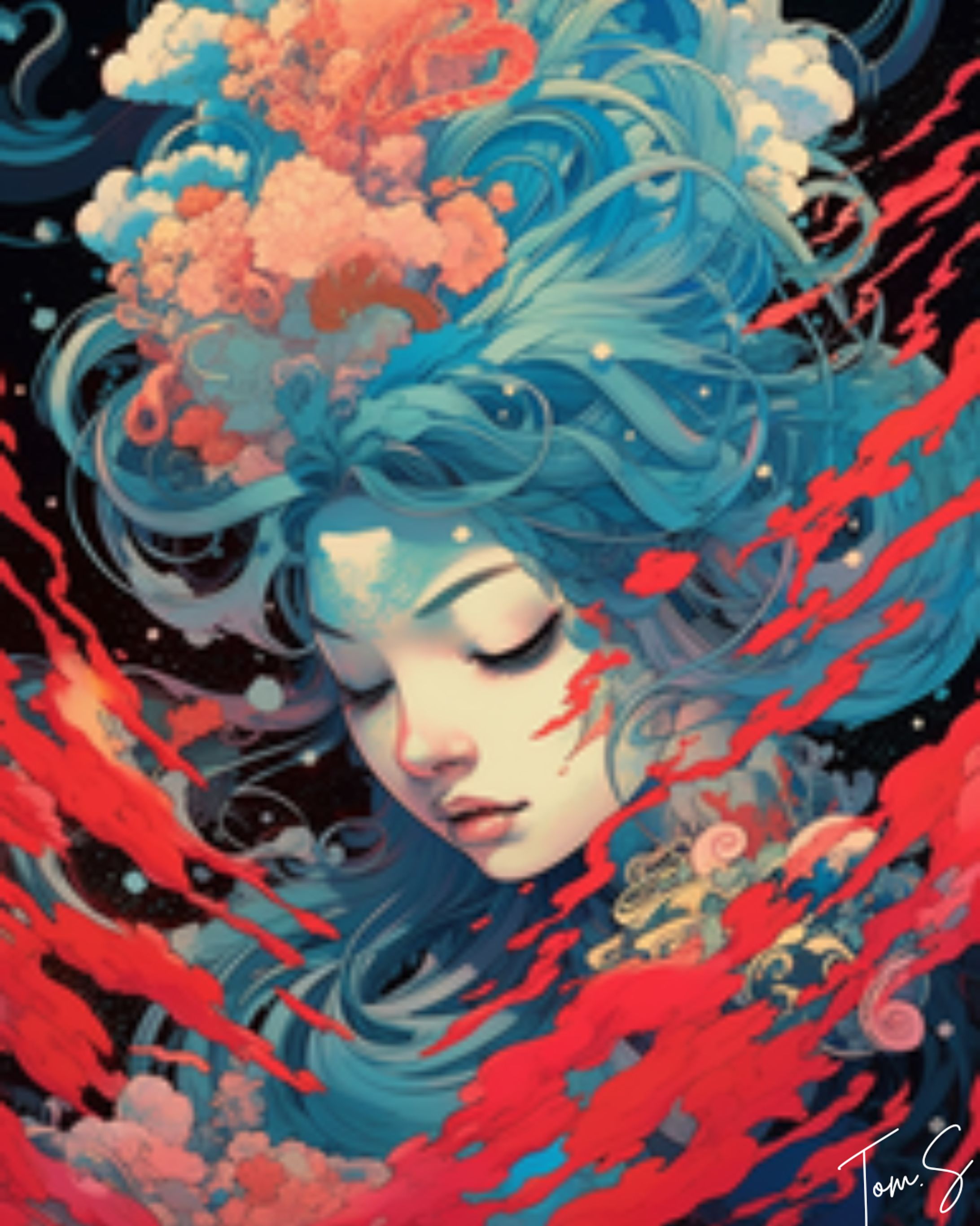 Anime Girl on a Red Cloud: Fusion of Indonesian and Japanese Imagery-1