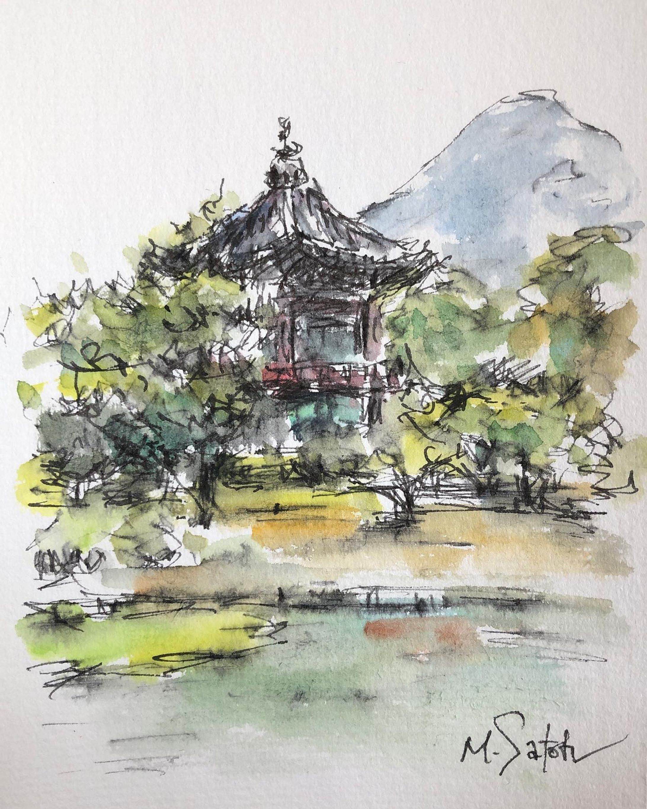 20年以上前に仕事で行った、韓国の写真が出てきたので描いてみた。
万年筆　顔彩　画仙紙ハガキ

#万年筆 #顔彩 #万年筆画  #ペン画 #風景画 #韓国 #景福宮 #香遠亭 #pendrawing #landscape #korea #inkpainting #경복궁-1