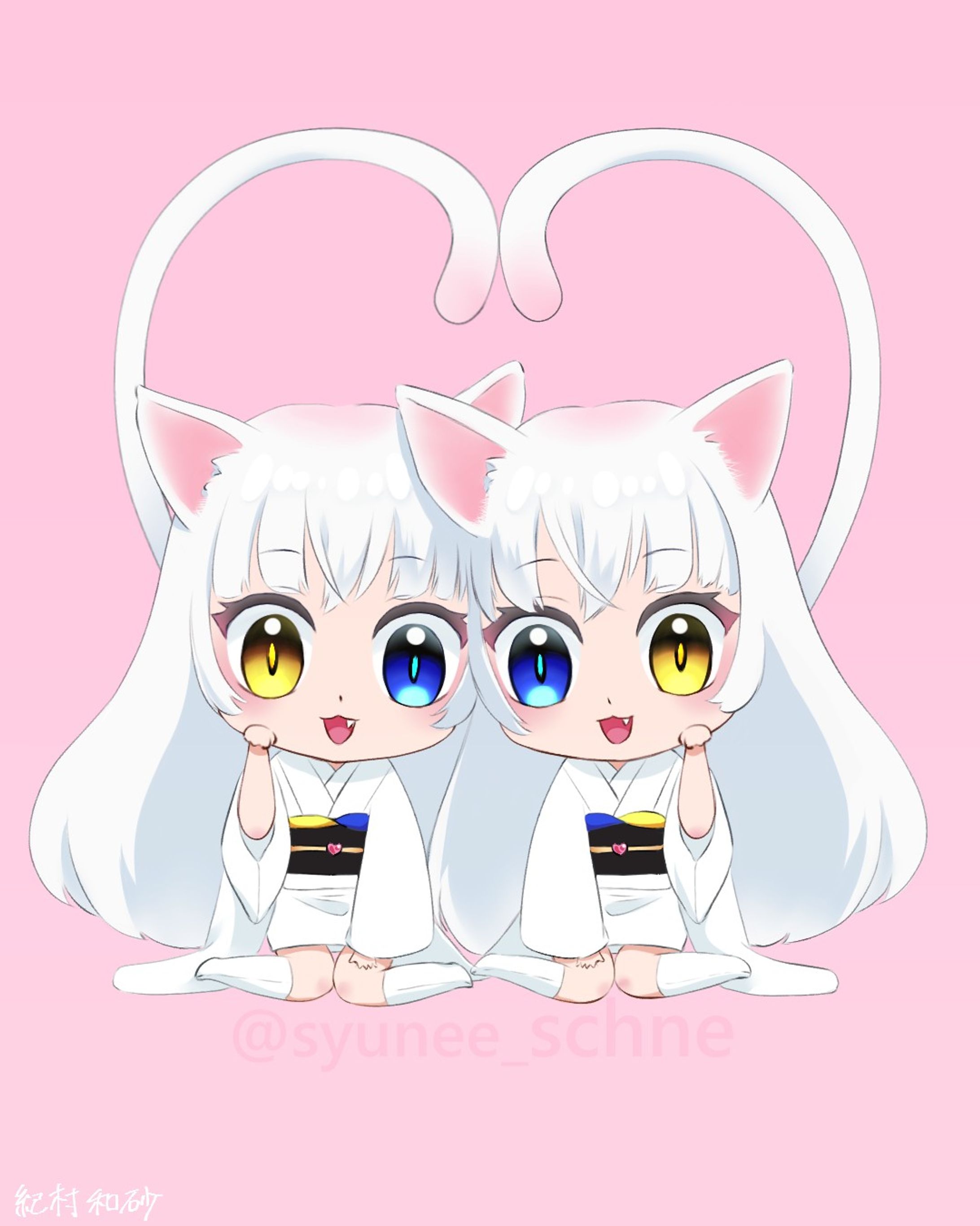 #猫の日 だった💦
自分の好きな銀髪・オッドアイを詰め込んだ双子ネコちゃん。ちびキャラは久しぶりでした。ポーズは季月エル(TwitterID：@kiduki_L_size)さんの素材をお借りしました。

#ねこのひ #ねこの日 #猫 #ねこ #白猫 #しろねこ #双子 #着物 #デジタルイラスト #デジタルアート #女の子 #女の子イラスト #originalcharacter #oc #cat #twins #oddeye #oddeyedcat #kimono #kimonostyle #digitalillustration #digitalart #digitalartist #illustration #illustrator #wacom #cintiq13hd-1