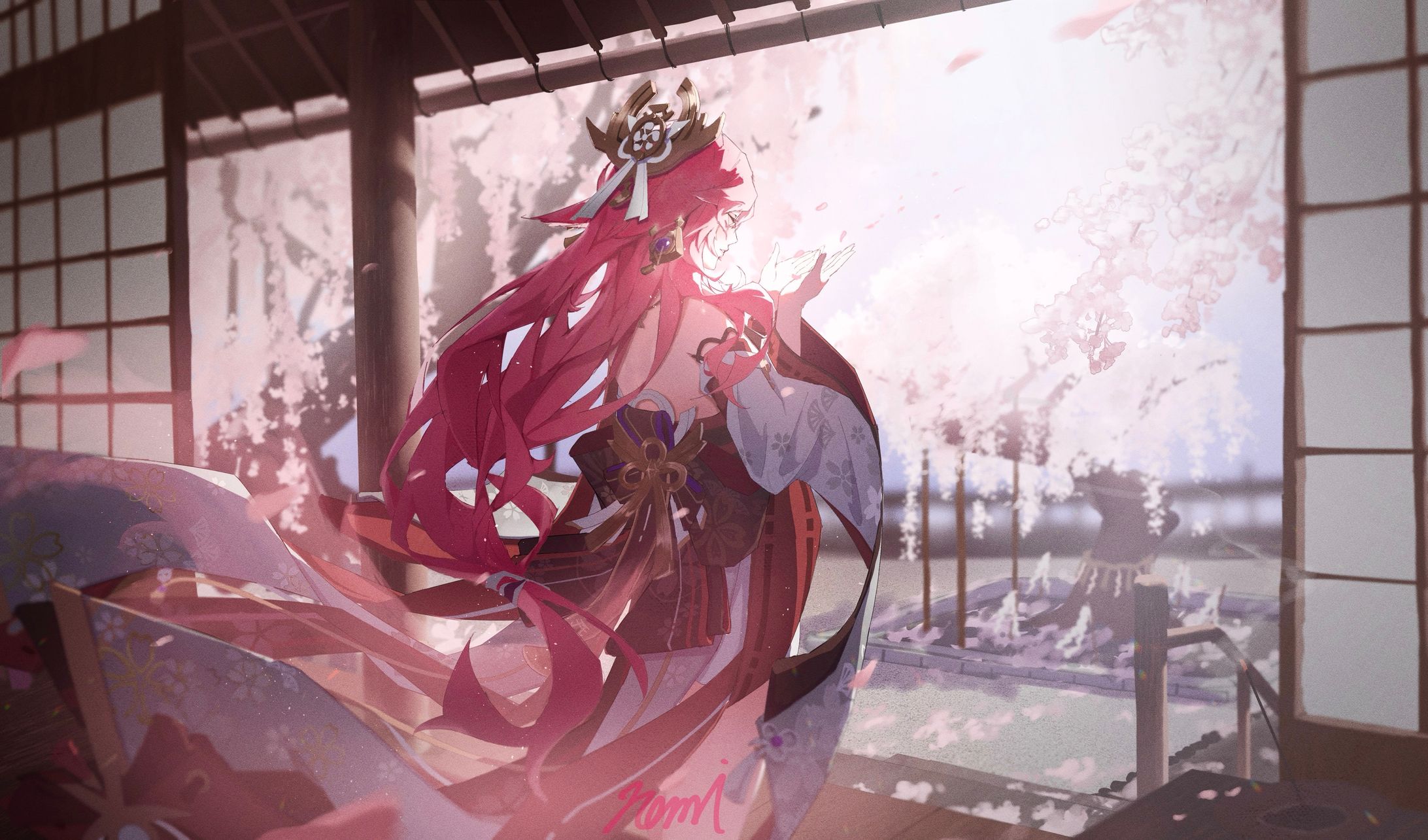 八重神子、桜の庭-1