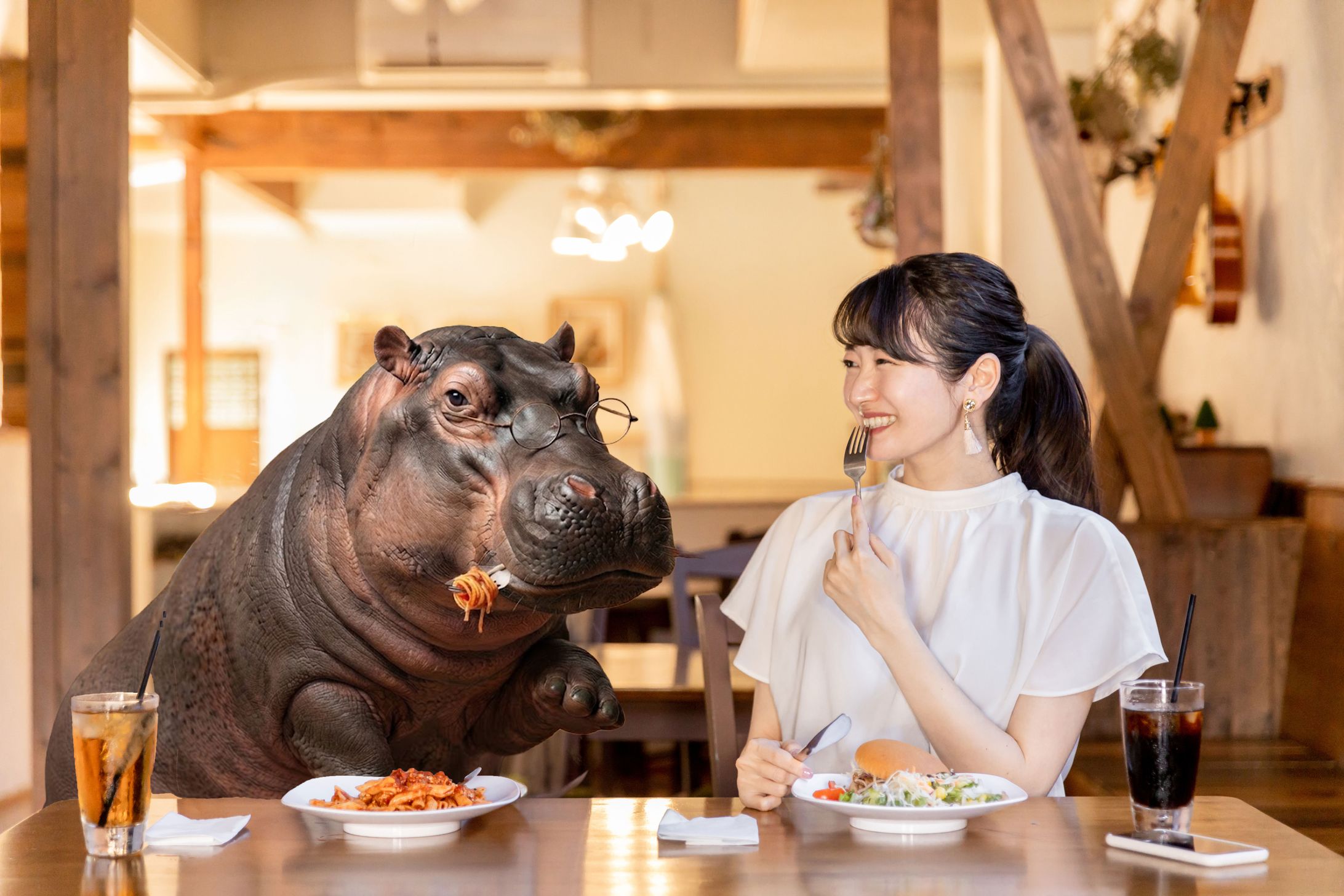 【合成・画像加工】AI・フリー素材を活用したコラージュ（カバと楽しむカフェランチ）-1