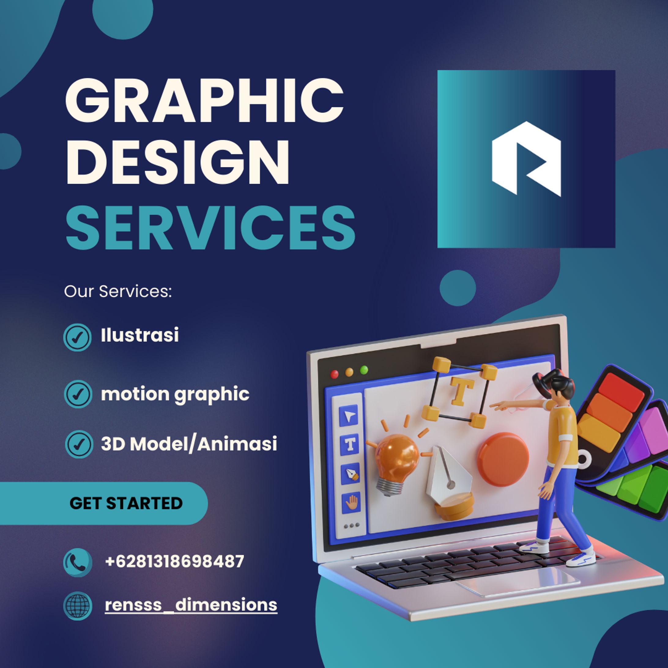 Purple and Yellow Modern 3D Graphic Design Service Instagram Post-1